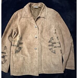 Chico's Suede Leather Jacket Women's 2 Large Taupe Button Front Vintage Tribal